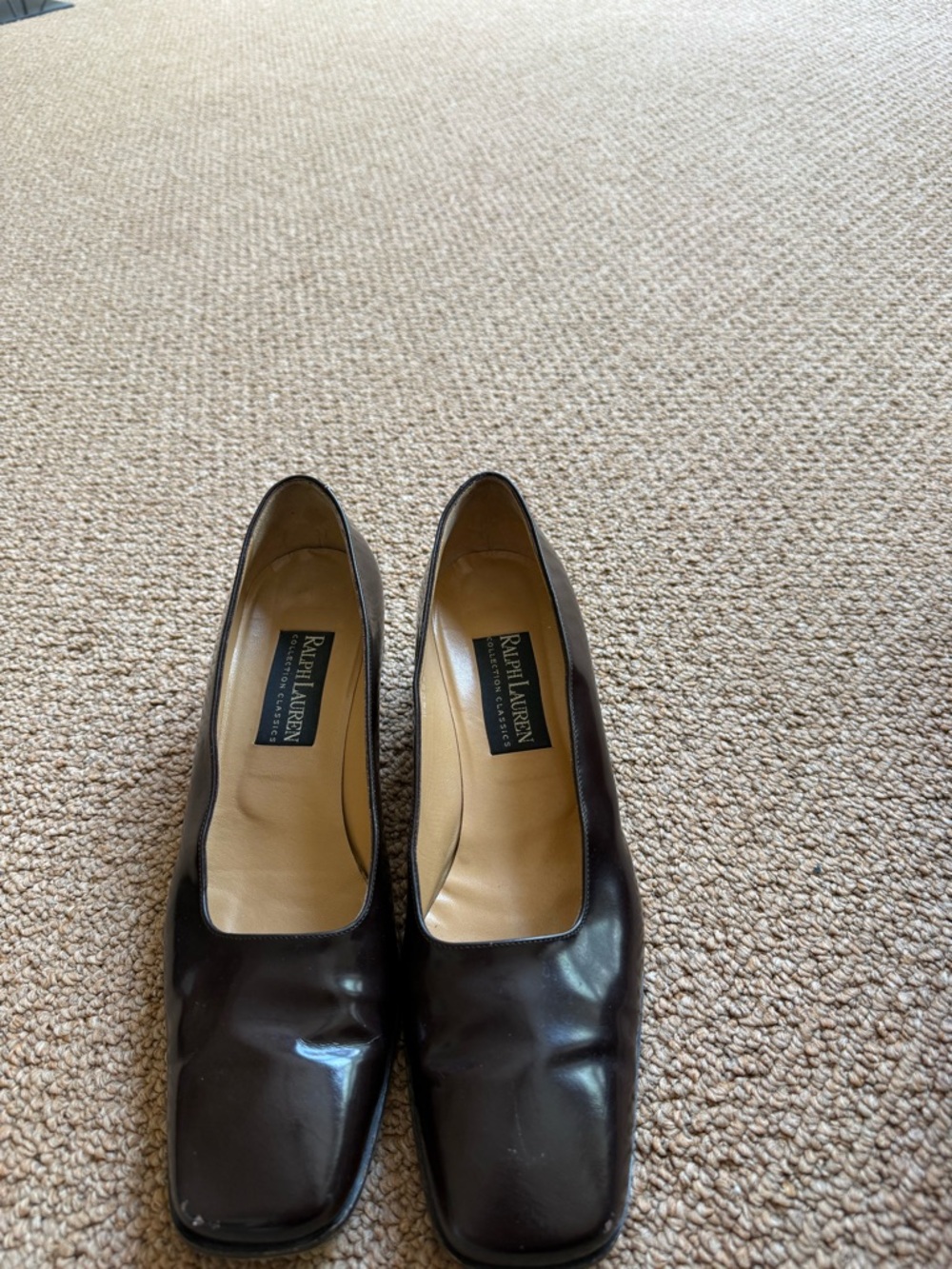 Ralph Lauren Black Patent Leather Low Block Heel Loafers
